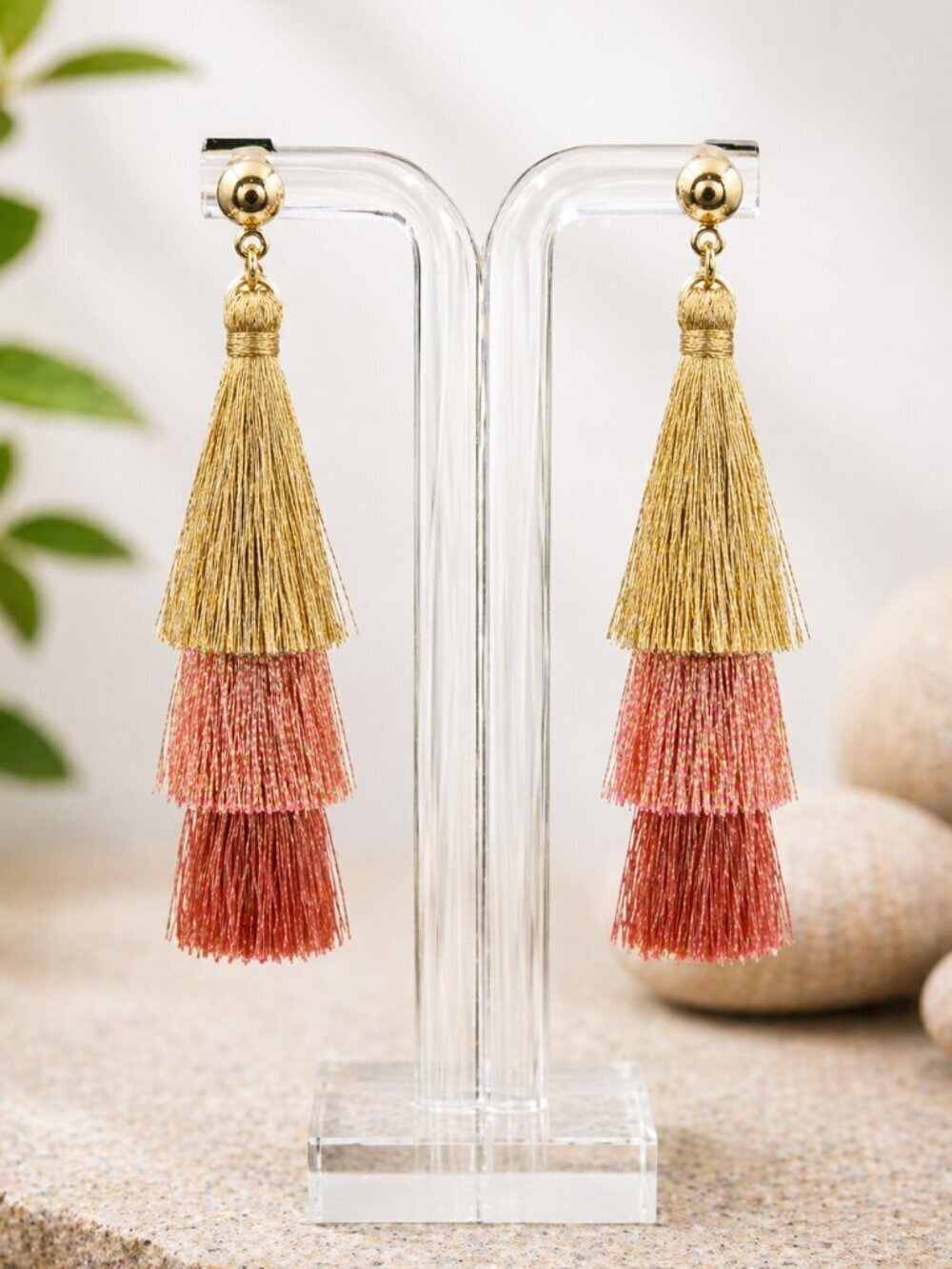 Layered Gold & Blush Tassel Earrings - Picture 4 of 5